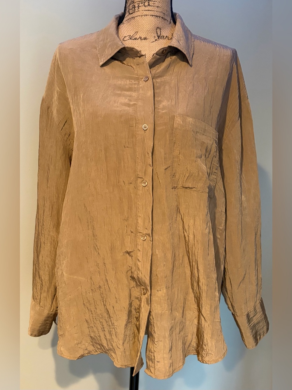 House of Harlow 1960 Women's L Bronze Crinkle Satin Button Up Shirt Blouse Top